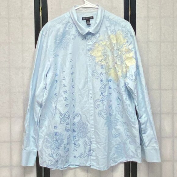 INC International Concepts Tops - INC Long Sleeve Chambray Linen Blend Embroidered Print Button Up Shirt Blue XXL